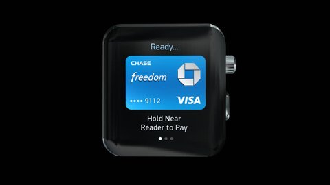 NYC, NEW YORK, UNITED STATES - CIRCA MAY, 2015: Apple Pay payment process with Apple Watch. Apple Pay is a mobile payment and digital wallet service by Apple Inc. (includes Alpha Channel)