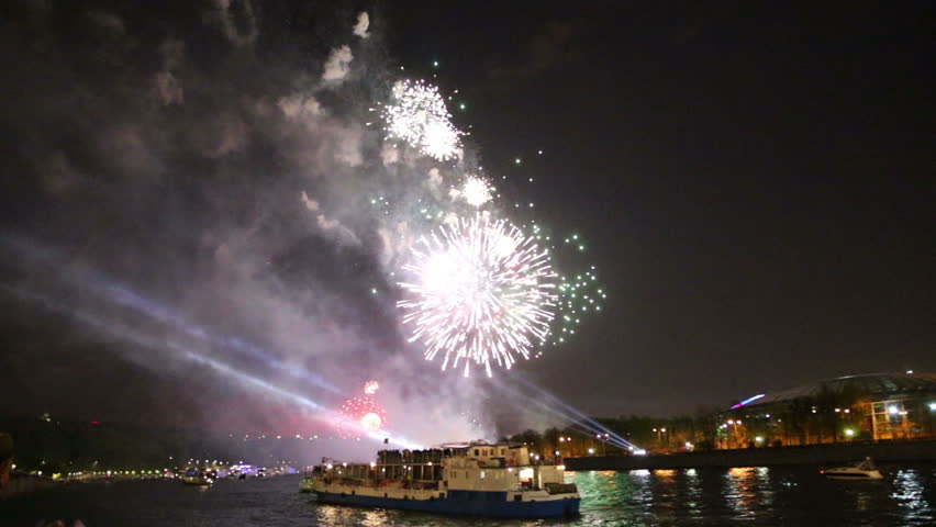 Celebration of the 70th anniversary of the Victory Day(WWII) Moscow, Russia.  Fireworks on the embankment of the Moskva River