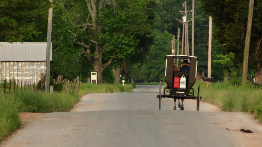Amish People Traveling in a Rural Area