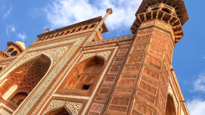 Main Gate of Taj Mahal mausoleum with entry portal perspective in Agra, India.
