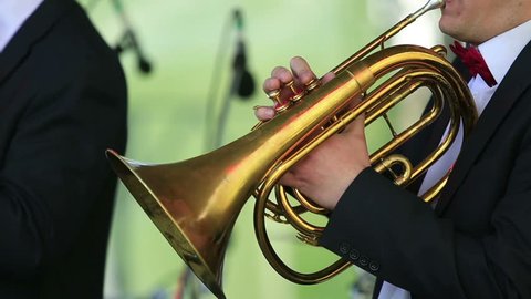 MOSCOW, RUSSIA - MAY 09, 2015: Trumpet cornet on stage. Festival marching bands in the city park "Muzeon."