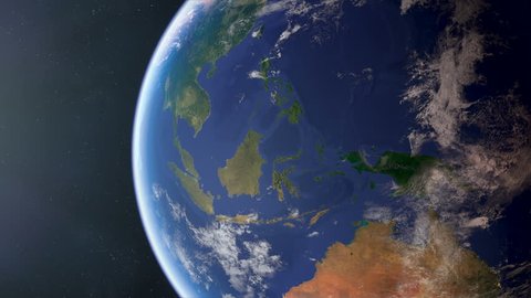 Orbiting over South East Asia. Photorealistic 3d animation, created using ultra highres Nasa textures. The second half of the video contains regional and country border fills and outline.