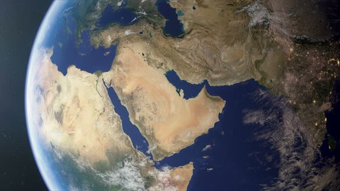 Orbiting over the Middle East. Photorealistic 3d animation, created using ultra high resolution Nasa textures. The second half of the video contains regional and country border fills and outline.