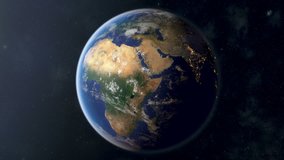 Orbiting over Africa. Photorealistic 3d animation, created using ultra highres Nasa textures. 2nd half of the video contains country border masks that can be overlayed using simple masking & keying.
