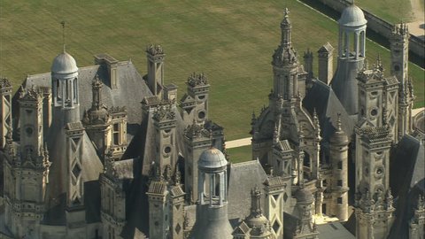 AERIAL France-Chateau De Chambord 2006: Chateau Chambord, tight on details in roof and spires
