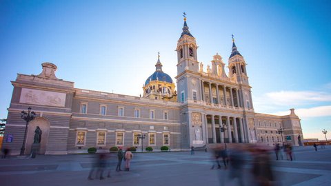 sunny day madrid almudena cathedral front view 4k time lapse spain