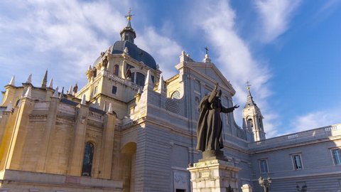 madrid day blue sky almudena cathedral front view 4k time lapse spain