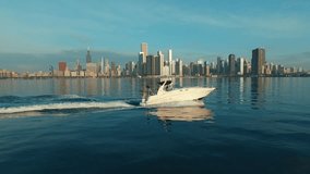 Aerial/Drone shot a boat on Lake Michigan Chicago