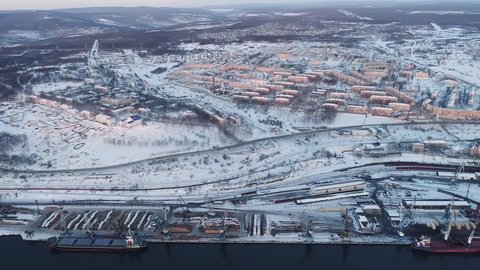 Vanino of the Khabarovsk Krai . the port of Vanino . filmed from above by drone . winter . transbunker 