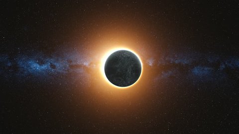 Full solar eclipse. The Moon mostly covers the visible Sun creating a gold diamond ring effect. Abstract scientific background. High detail 4k. 3D Render. Elements of this image furnished by NASA