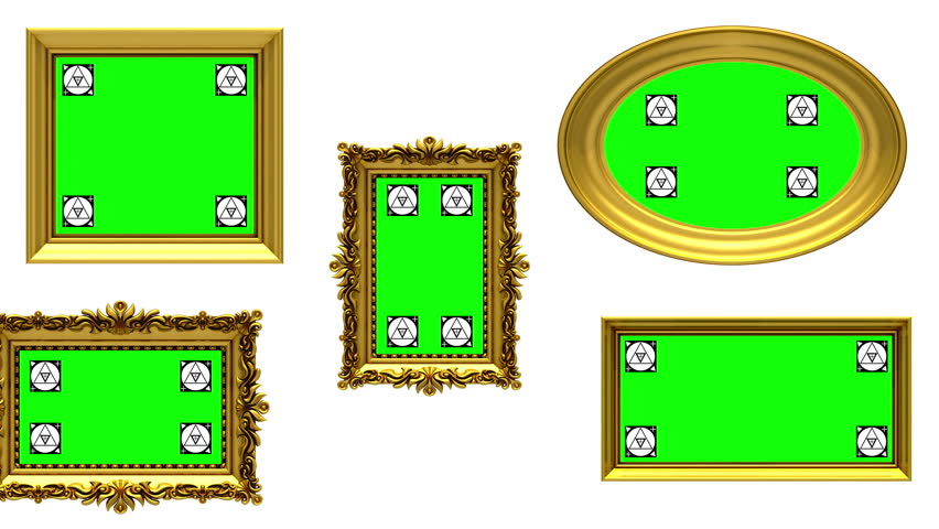 Picture gallery 3d animation. Gold picture frames on white background. Camera moves along the wall, seamless loop. Motion tracking markers and green screen included.