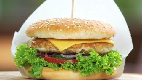 Chicken burger close up. Fast food sandwich.