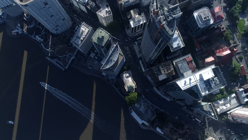 Aerial Shot of Brisbane City Late afternoon 4k source River City 1 of 21 in a set Cloudy & Blue Sky God point of View Eye, Looking down on buildings