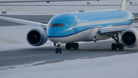 CALGARY, AB CANADA - JAN 7 2018 A KLM Boeing 787 Dreamliner taxis for take off at Calgary International Airport en route to Amsterdam
