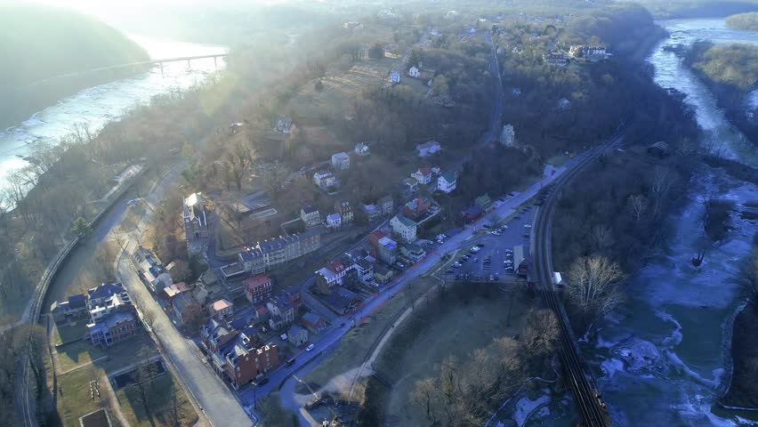 An aerial drone view of the haunted ghost town Harpers Ferry in Jefferson County, West Virginia on a cold January afternoon.