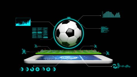 4K 3D Animation soccer football field with spinning soccer ball with graph and hud and technology element and alpha matte for football mobile phone application concept