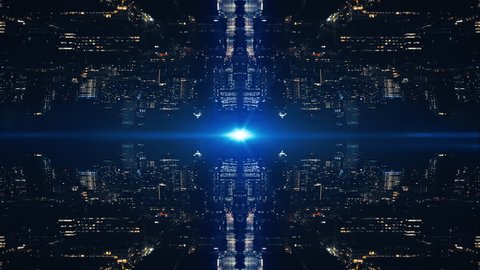 Futuristic Tech Background Reflection Mirror of City Buildings at Night Aerial