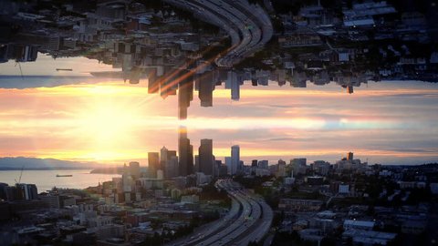 Abstract Mirror Aerial Hyperlapse Over Waterfront City at Sunset