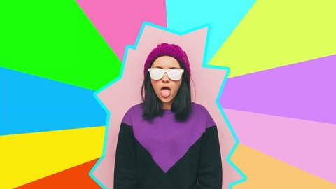 girl shows her tongue. multicolor surrealism and minimal art