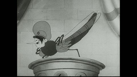 1940s: Animation of mosquito with Hitler's face, answers phone and talks on a podium. Animation of insect dressed as a soldier in trenches talks on the phone and scratches its body.