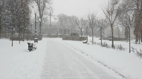 Snowy winter day landscape in the city park