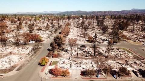 SANTA ROSA, CA - CIRCA 2010s - Shocking aerial of devastation from the 2017 Santa Rosa Tubbs fire disaster which destroyed whole neighborhoods.