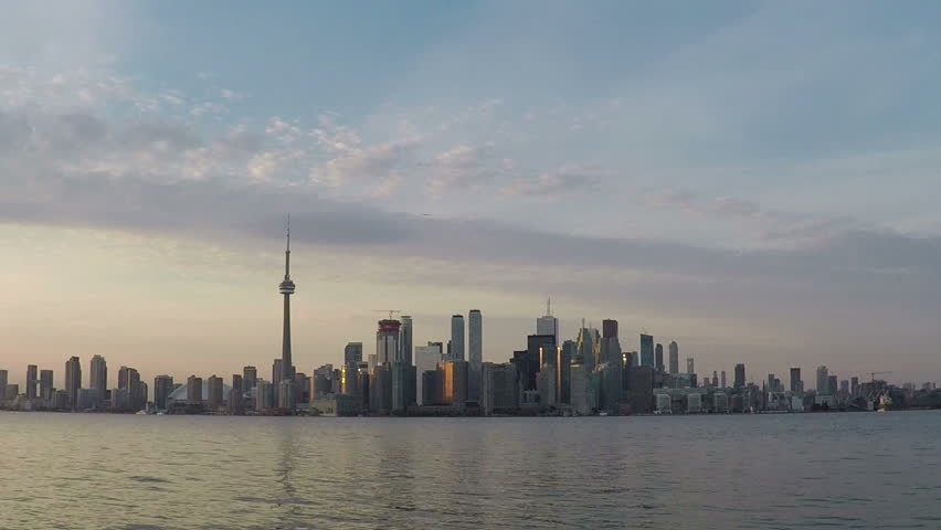 Toronto Skyline.  A timelapse recording of the view across Lake Ontario towards the Toronto skyline at dusk.
