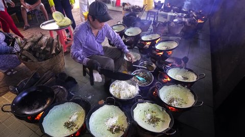 Chau Doc, An Giang, November 2017: Rice cake. Vietnam food, banh xeo or vietnamese pancake make from rice flour and filled with a shrimp, meat, soya bean sprouts, is popular Viet Nam street food