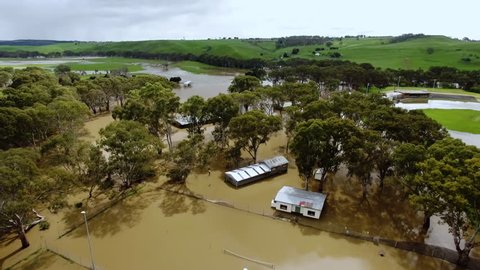Drone shot of flooding of a rural town;  Casterton, Victoria, Australia.