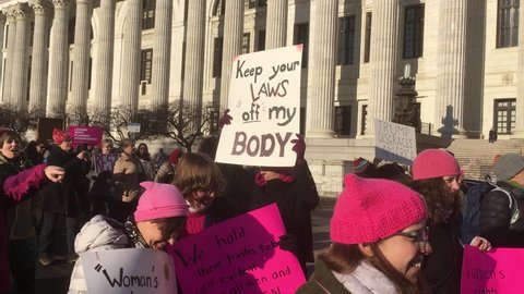 Albany, New York, USA - 20 January 2018: Video of people marching in protest at the second annual women’s march in Albany,  New York in front of the State Education Building on a sunny day.