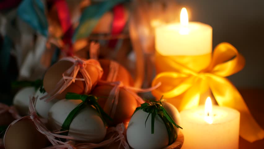 Easter decoration. Burning candles and eggs. Royalty-Free Stock Footage #1006621444