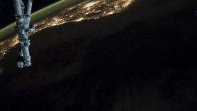 ISS view of rotating planet earth with aurora and star galaxy. Created from Public Domain images, courtesy of NASA JSC : http://eol.jsc.nasa.gov. Rotate right