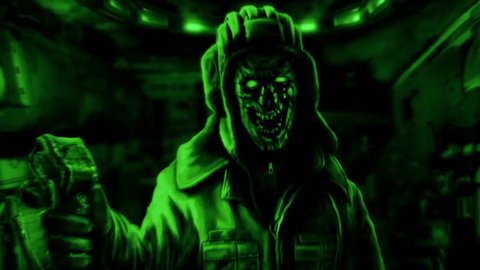 Zombie tanker with a joystick in his hand. Cinematic video in green color. Dead commander inside the tank. Night vision.
