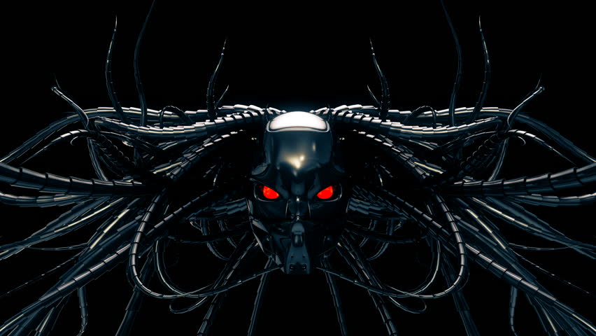 Cyborg Head VJ Loop - is a stunning sci-fi motion graphic animation featuring a close-up view of futuristic robot face with bright red eyes. Perfect to use in cyberpunk videos, industrial graphics