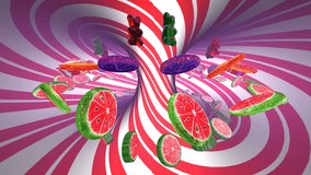 Seamless animation of spining candies. Colorful fantasy animation.