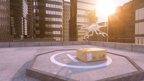 Drone takes away a parcel on a building roof. Beautiful conceptual 3d animation, 4K