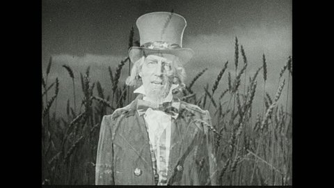 1940s: Uncle Sam talks juxtaposed over image of fields, plants, plantations, wheat field and crops.