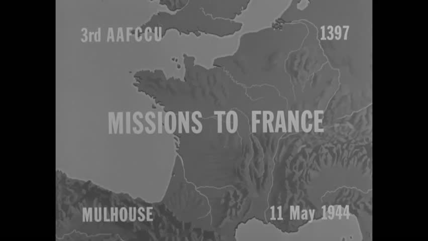 CIRCA 1944 - Throughout May, Air Force planes drop bombs on German targets in Mulhouse, France during WWII.