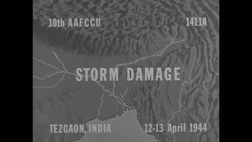 CIRCA 1944 - Damaged airplanes at Tezgaon Air Base in India after a storm during WWII.