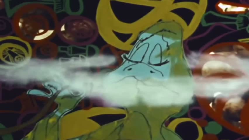 CIRCA 1968 - Alice sees a worm figure smoking marijuana from a bong in Wonderland.
