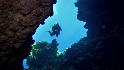 cave diving underwater scuba divers exploring cave dive. Red Sea Egypt 4K