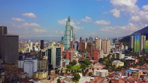 CIRCA 2010s - Beautiful aerial establishing shot of old buildings, modern skyscrapers and neighborhoods in downtown Bogata, Colombia.