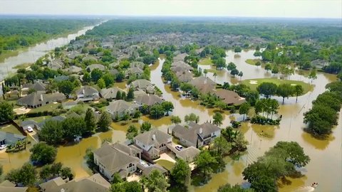 CIRCA 2010s - An aerial over the flooding and destruction in Houston from Hurricane Harvey.