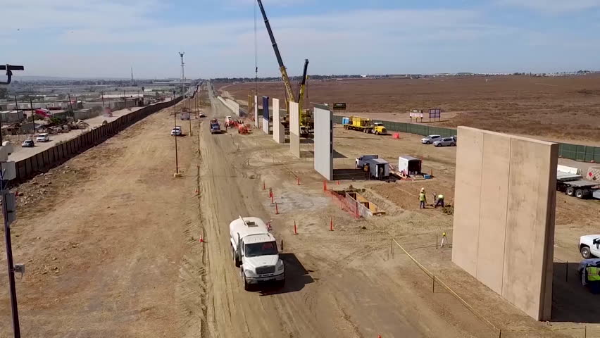 CIRCA 2010s - Aerial views of the Border Wall prototype construction near Otay Mesa, California.