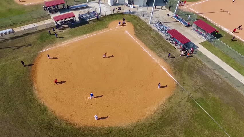CIRCA 2010s - Aerial over a baseball game on a local field. Royalty-Free Stock Footage #1006652857