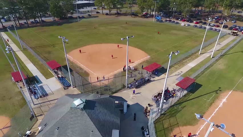 CIRCA 2010s - Aerial around four separate baseball diamonds at a local park or sports complex.