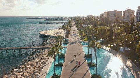 Aerial view of the coast of Limassol city in Cyprus. A view of the walk path surrounded by palm trees, pools of water, grass, the Mediterranean sea, piers, rocks and urban skyline.