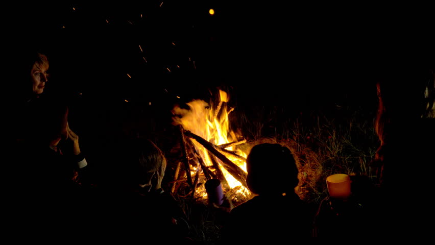 People in the camp are warming by the fire. They talk, drink tea, and look at the fire. In the frame, two moms, a father, and four teenage children.