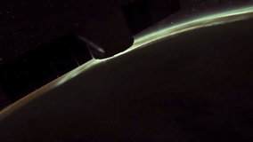 ISS view of rotating planet earth with aurora and star galaxy. Created from Public Domain images, courtesy of NASA JSC : http://eol.jsc.nasa.gov. Rotate right