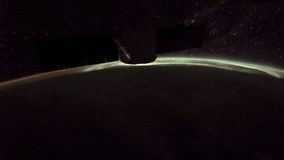 ISS view of rotating planet earth with aurora and star galaxy. Created from Public Domain images, courtesy of NASA JSC : http://eol.jsc.nasa.gov. Zoom in